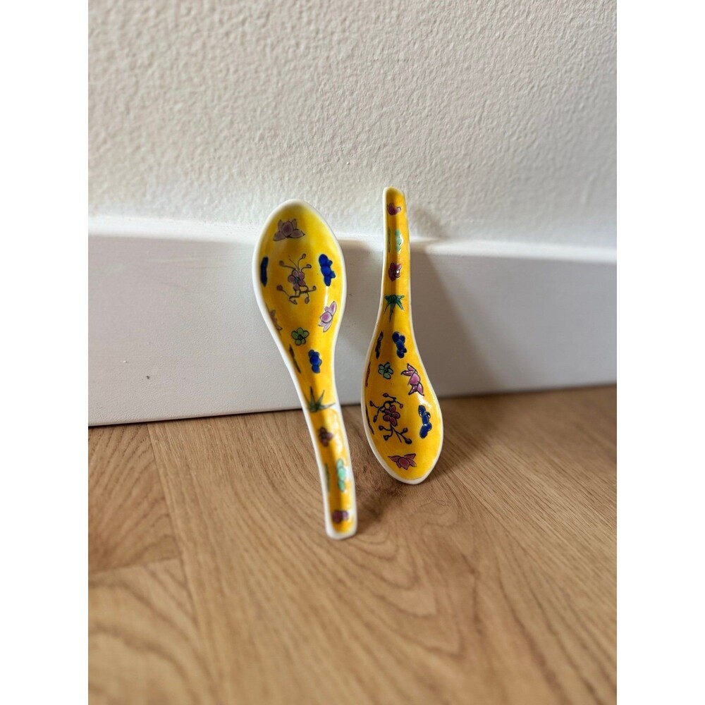 Yellow Floral Ceramic Chinese Soup Spoons